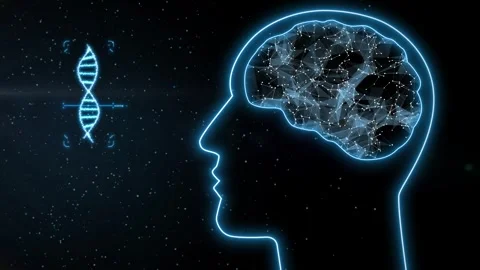 Human head and brain with plexus-style connections and a DNA molecule on a Stock Footage 296318816