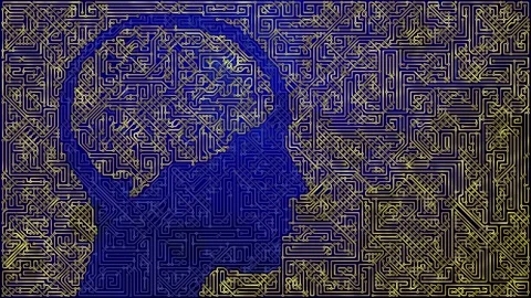 Human head and brain silhouette from circuit board patterns, symbolizing Stock Footage 337138761