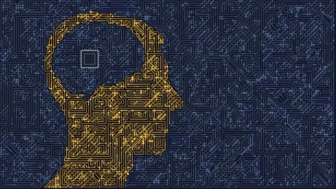Human head and brain silhouette composed of golden circuit board patterns Stock Footage 341842016