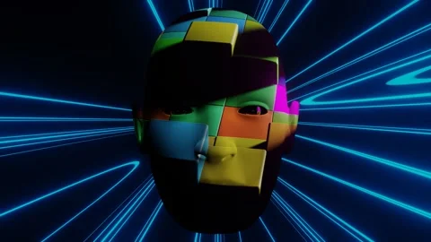 Human head and face with moving blocks pattern and tunnel ray background Stock Footage 246787157