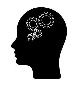 Human head and three gears inside. Technological diagram of engineering gears Stock Illustration
