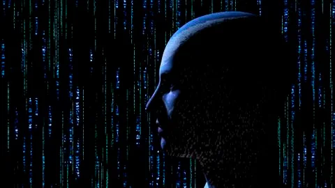 Human head with binary code at matrix background Stock Illustration