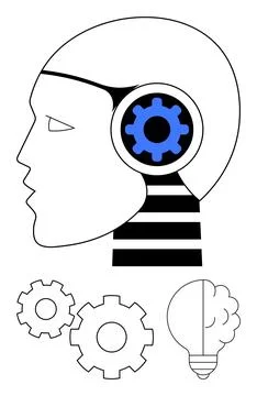 Human head with blue gear symbolizing AI and parts of a lightbulb with gear.. Stock Illustration
