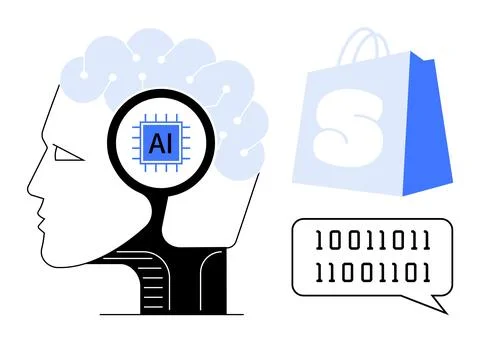 Human Head with Brain, AI Chip, Binary Code, and Shopping Bag Stock Illustration