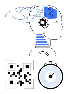 Human head with brain and cog, QR code, and stopwatch, representing technology 스톡 일러스트