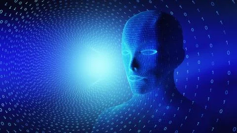 Human head with brain with binary code. Wireframe model on black, artificial  Illustrazione stock