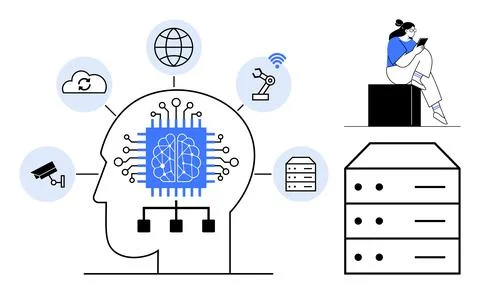 Human head with brain circuit connected to cloud, world, surveillance camera, 스톡 일러스트