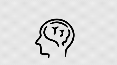 Human head with brain, comes or gets idea, graphic animation. Black linear Video stock 306397595