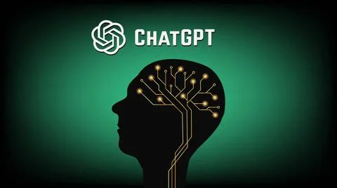  Human head with brain from PCB and ChatGPT artificial intelligence progra... Stock Photos