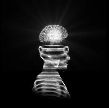 Human head with brain. Wireframe model on black, artificial intelligence in f Stock Illustration