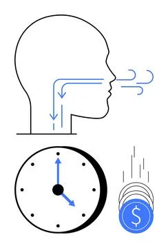 Human Head Breathing with Clock and Falling Coins Illustrating Productivity.. イラスト素材