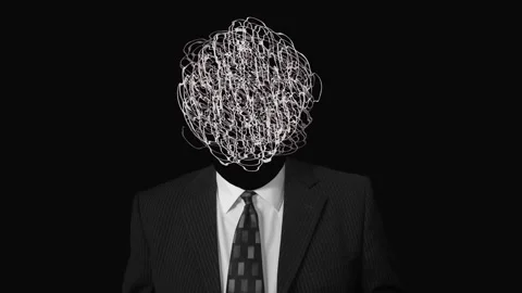 Human head with chaotic scribble circle in brain. Realistic collage art Stock Footage 328026655