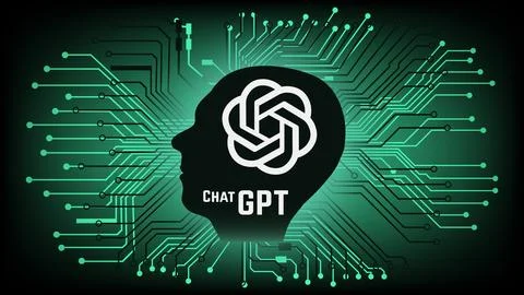 Human head with ChatGPT artificial intelligence program logo, OpenAI company. Stock Illustration