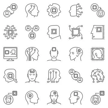Human Head with a Chip outline vector AI concept icons set Illustrazione stock