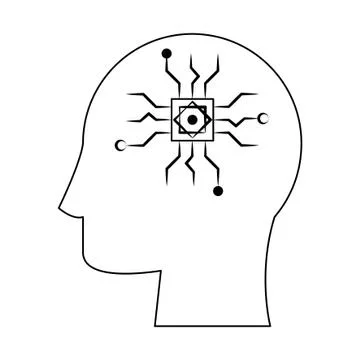 Human head with chip technology in black and white Stock-Illustration