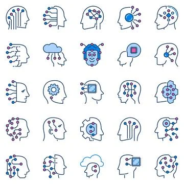 Human Head with Circuits creative icons set. AI and ML Brain signs 库存插图