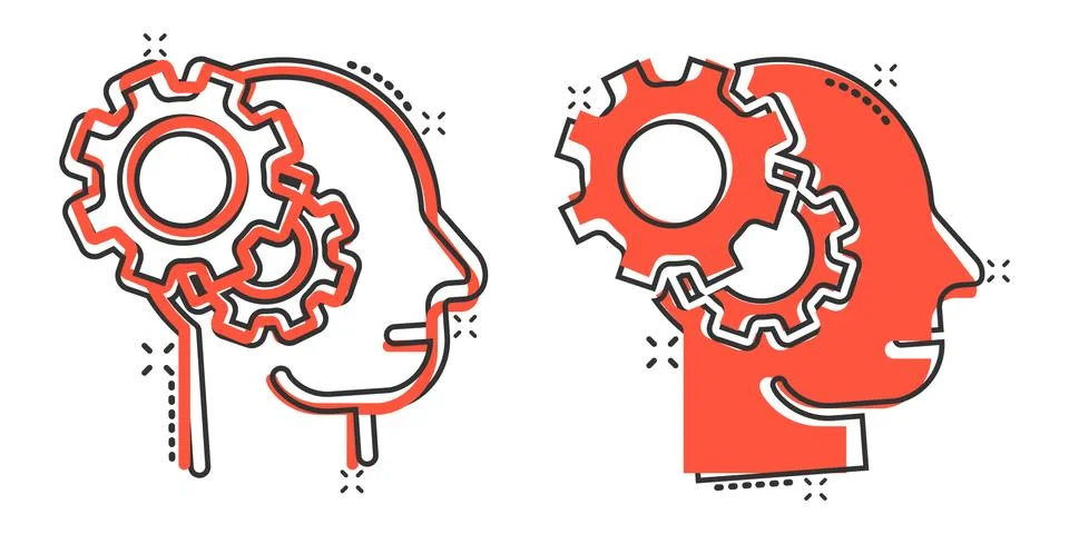 Human head with cogwheel icon in comic style. Technology progress cartoon vec Stock Illustration