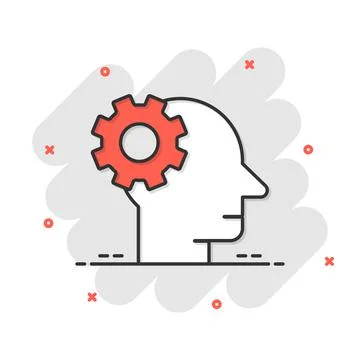 Human head with cogwheel icon in comic style. Technology progress cartoon vec Stock Illustration