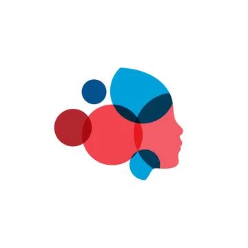 Human head from color circles, overlay bubbles logo concept. Woman profile face Stock Illustration