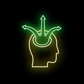 Human head considering multiple glowing neon direction arrows Stock Illustration