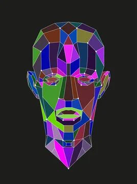 Human head created in low poly style. Man face polygon light. Intelligence .. Stock Illustration