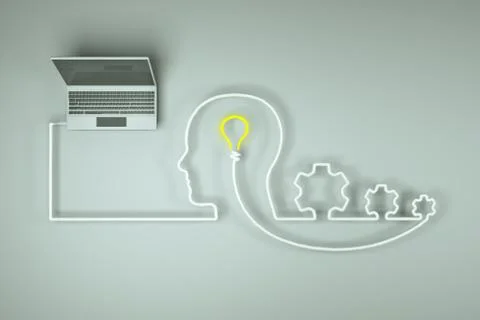 Human head creating a new idea connecting with usb in to laptop. Stock Illustration