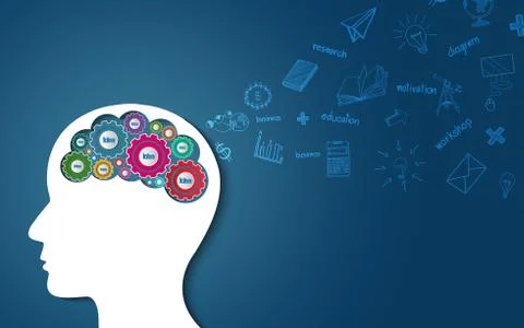 Human head creative idea gear icon. spark success in business. isolated blue  Stock Illustration
