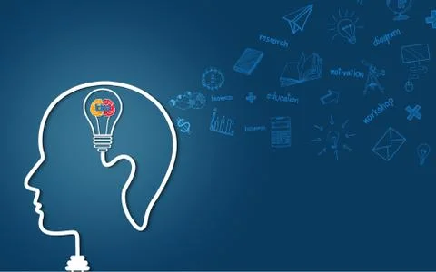 Human head creative idea light bulb brain icon. spark success in business. is Stock Illustration