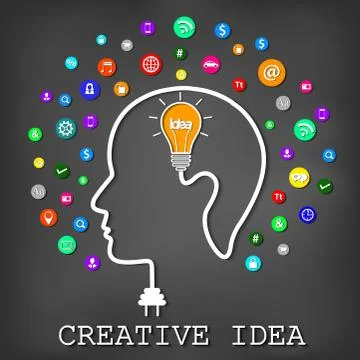 Human head creative idea. light bulb icon. spark success in business. on blac Stock Illustration