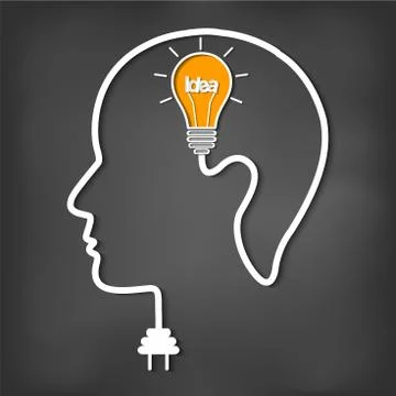 Human head creativity idea light bulb. on blackboard background vector illust Stock Illustration