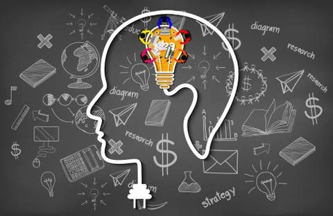 Human head creativity inspiration thought planning light bulb icon concept. b Stock Illustration