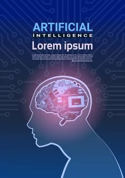 Human Head With Cyborg Brain Over Circuit Motherboard Background Artificial Stock Illustration
