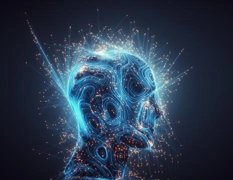 Human head with data and complex wires. Artificial intelligence and machine.. Stock Illustration