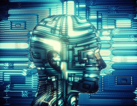 Human head with data circuits. Artificial intelligence and future innovatio.. Illustrazione stock