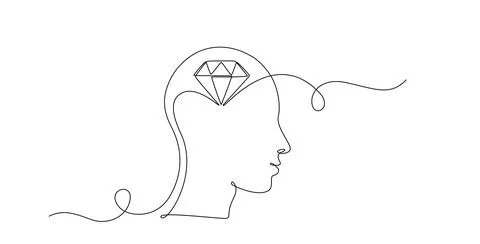 Human head with diamond inside in One Continuous line drawing. Genias Stock Illustration