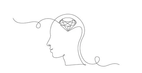 Human head with diamond inside in One Continuous line drawing. Genias Stock Illustration