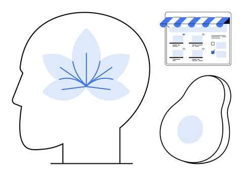 Human head with flower pattern symbolizing mindfulness, webpage interface wit Illustrazione stock