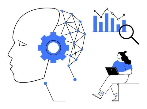 Human head with gear and network nodes, bar chart with magnifying glass, woma Stock Illustration