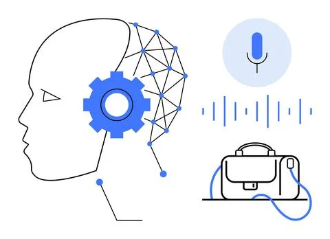 Human head with gear and network lines, microphone with sound wave, and bri.. Stock Illustration