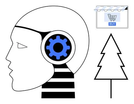 Human Head with Gear Brain with Online Shopping Cart and Tree Symbolizing T.. Stock Illustration