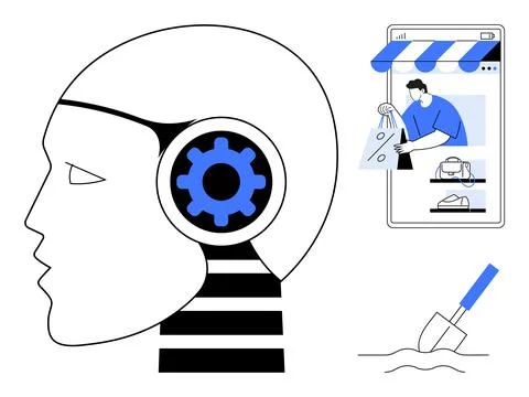 Human head with a gear in the ear and a mobile shopper with a shovel Stock Illustration