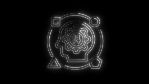 Human head with gear glowing neon outline on black background ai automation.. Stock Footage 312310415