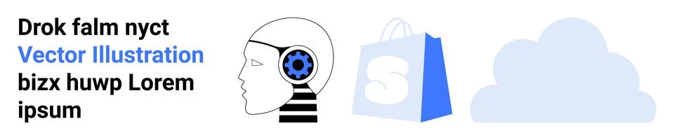 Human head with gear inside representing AI, blue shopping bag with white sym Stock Illustration