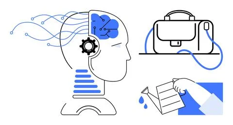 Human head with gears and network and connected briefcase, hand watering smal Stock Illustration