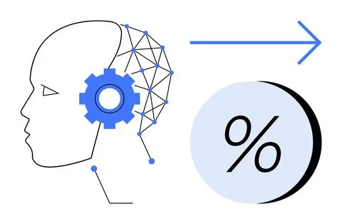 Human Head with Gears and Network Nodes Connected to a Percentage Symbol Illustrazione stock