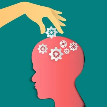 Human head with gears. Head thinking.   paper art and craft style. Stock Illustration