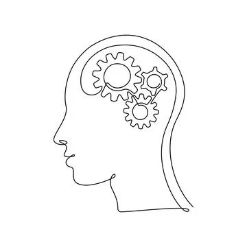Human head with gears inside in Continuous one line drawing. Concept of creative Stock Illustration