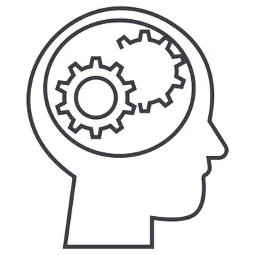 Human head with gears vector line icon, sign, illustration on background Illustrazione stock