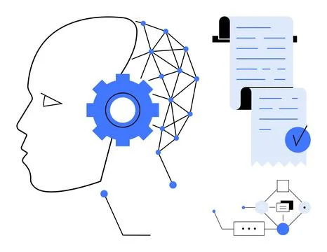 Human head with geometric neural network gears and two documents illustrating イラスト素材