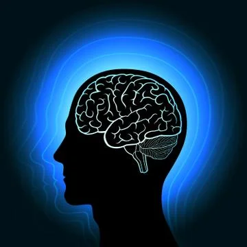 A human head with a glowing outline of the brain Stock Illustration